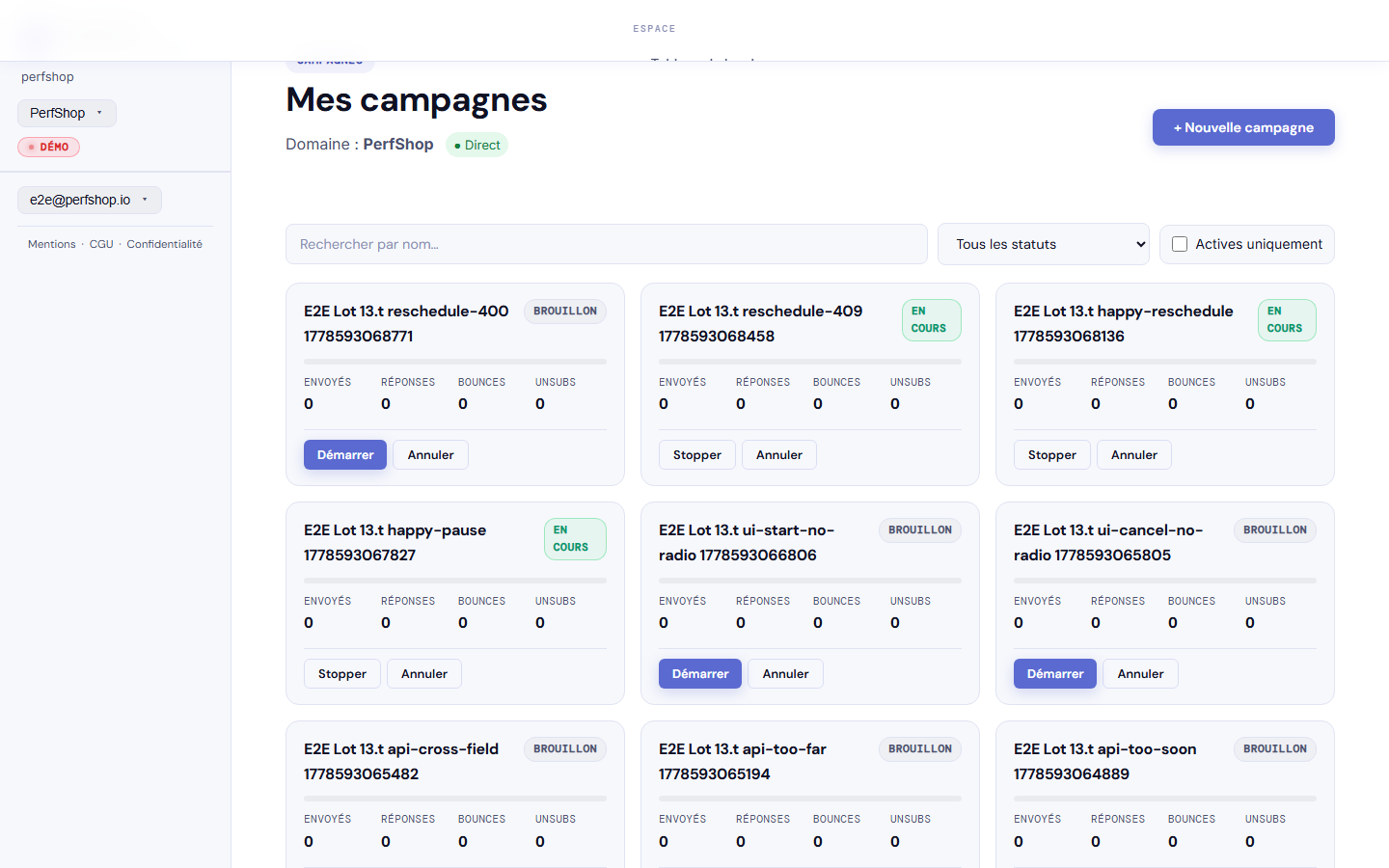 Liste des campagnes Prospectra — statut, envois, taux de réponse